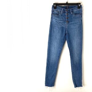 J. Crew High Rise Button Fly Skinny Jeans Raw Hem Whiskered Stretch Denim